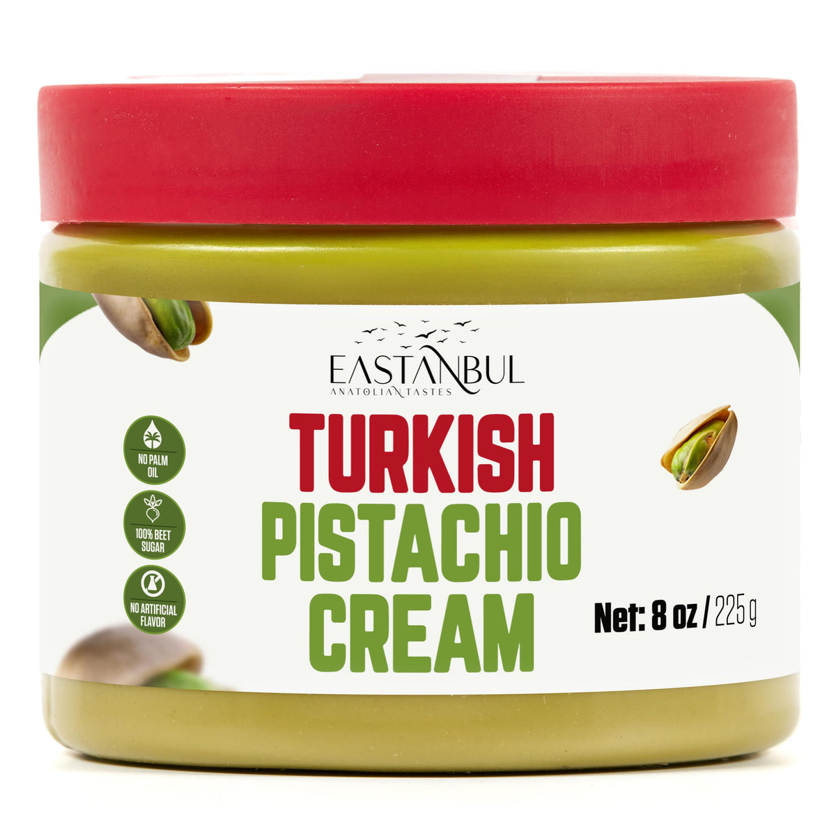 Eastanbul Pistachio Cream jar with creamy texture, ideal for desserts.