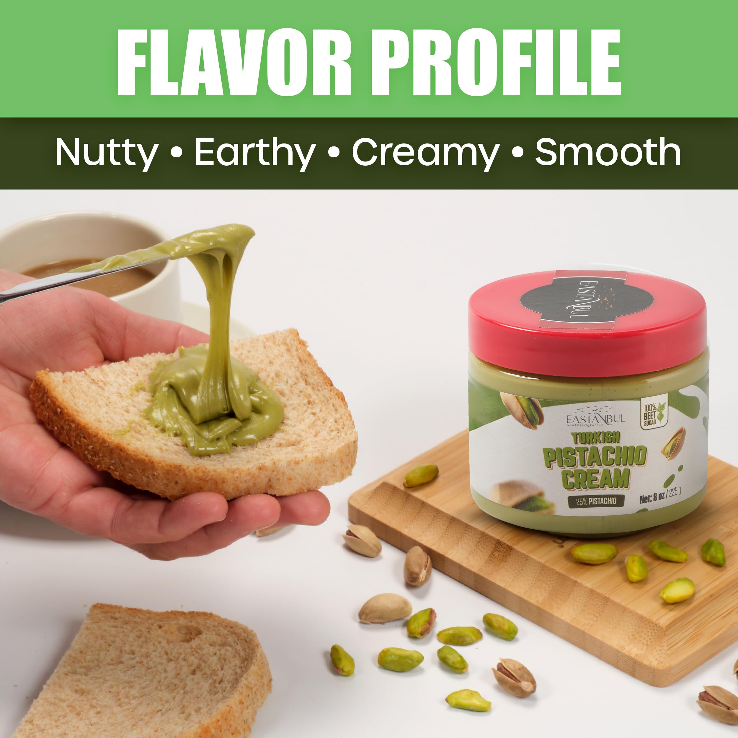 Scoop of Eastanbul Pistachio Cream ready to swirl into desserts
