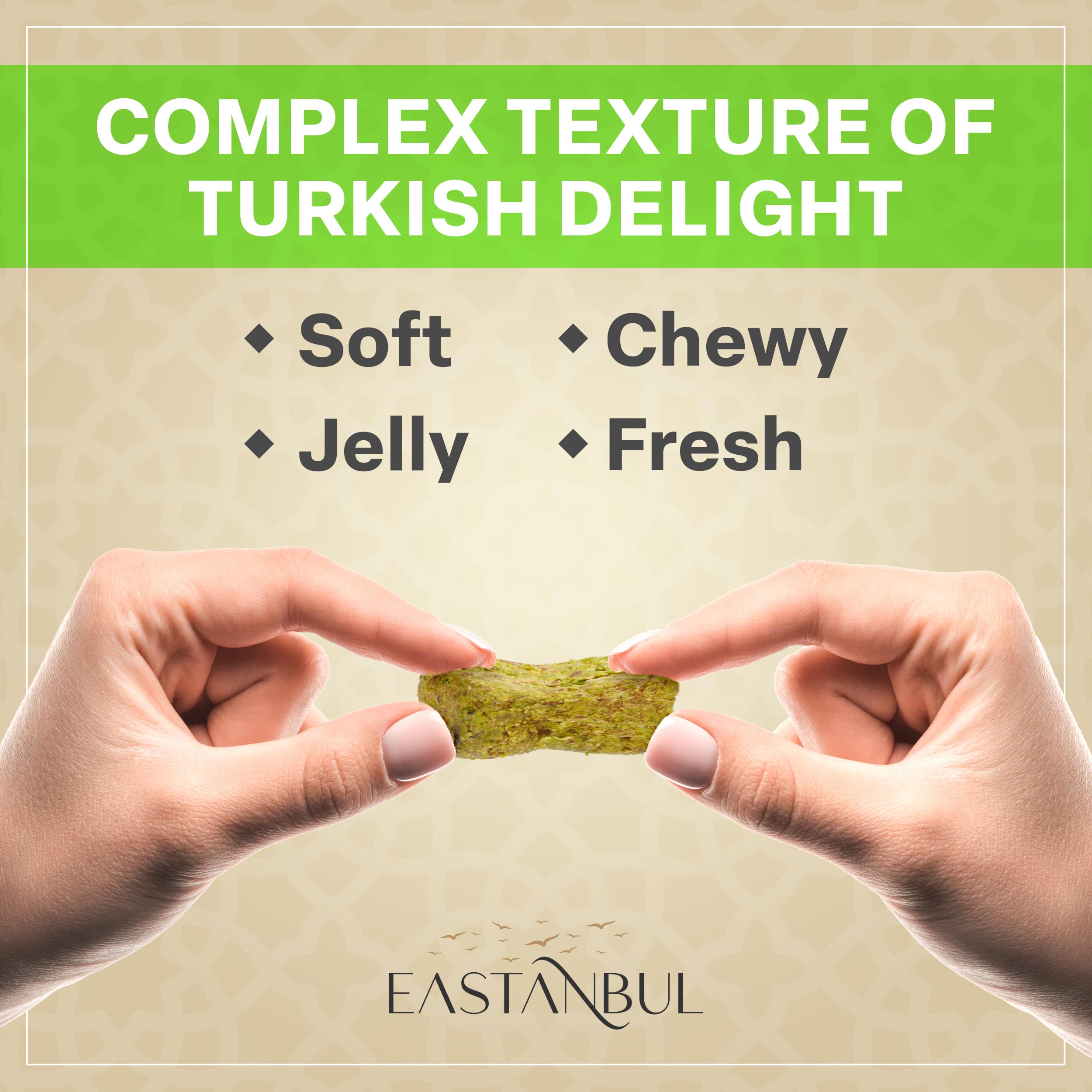 Eastanbul pistachio lokum in hexagonal packaging for gifting elegance.