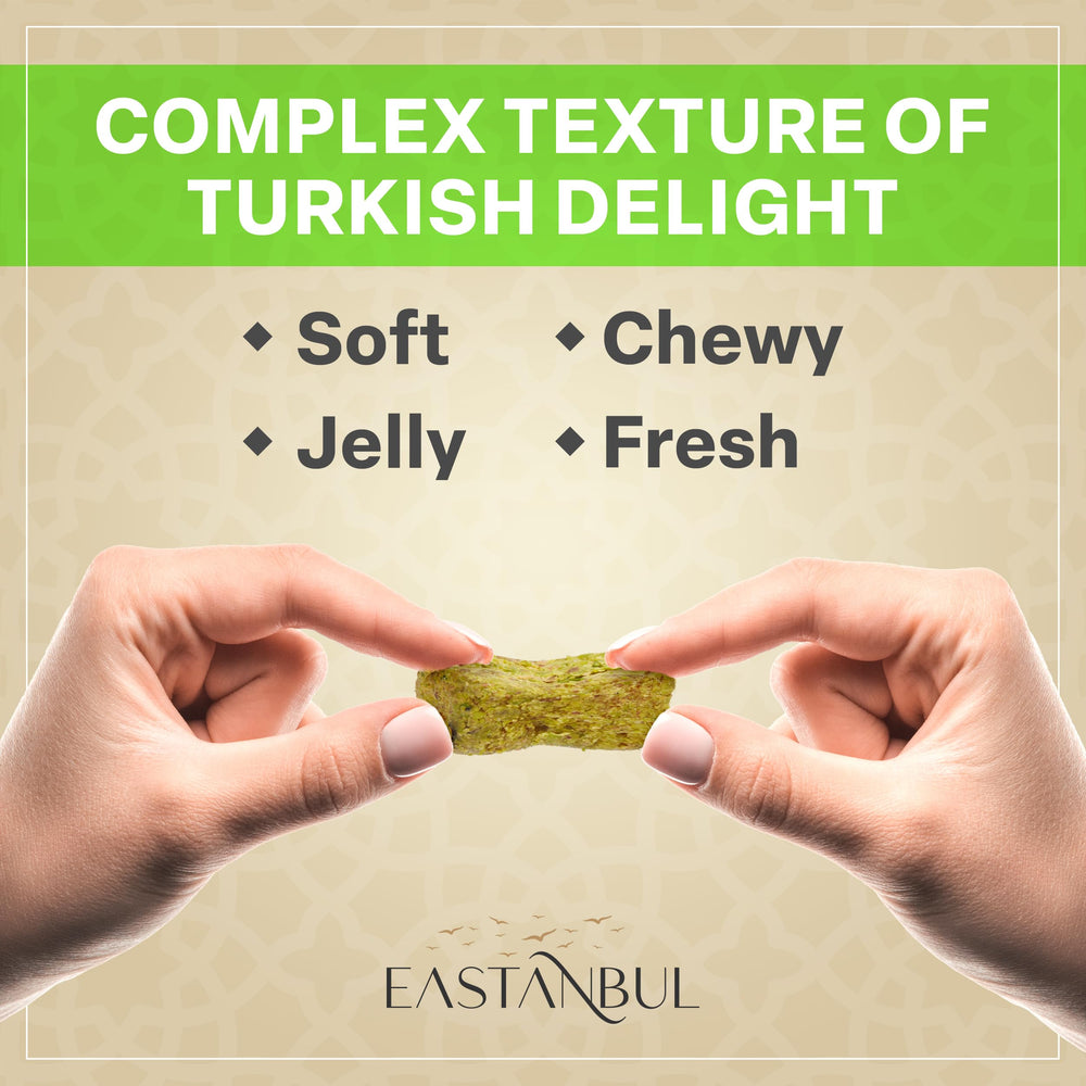 Eastanbul pistachio lokum in hexagonal packaging for gifting elegance.
