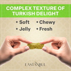 Eastanbul pistachio lokum in hexagonal packaging for gifting elegance.