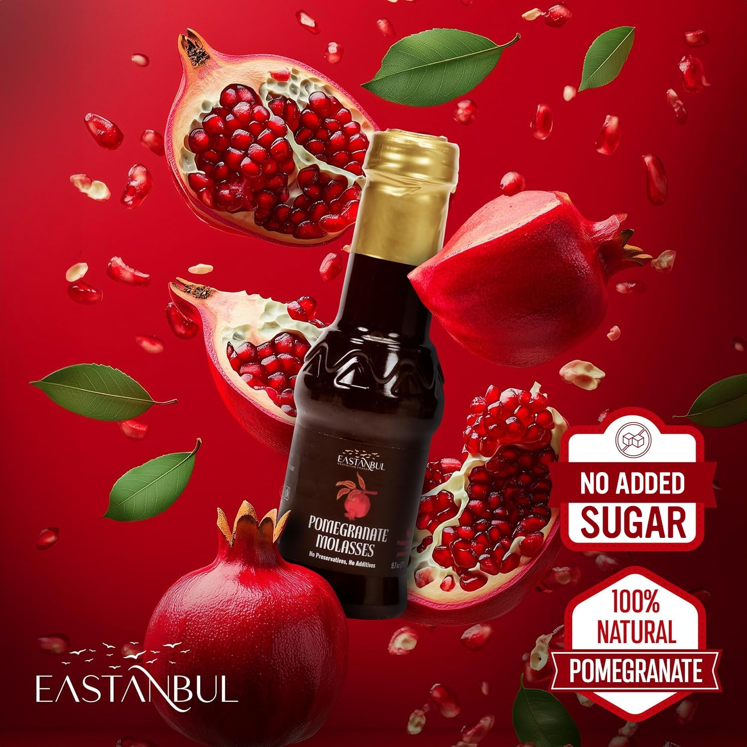 Eastanbul Pomegranate Molasses ingredients close-up showing 100% natural pomegranates