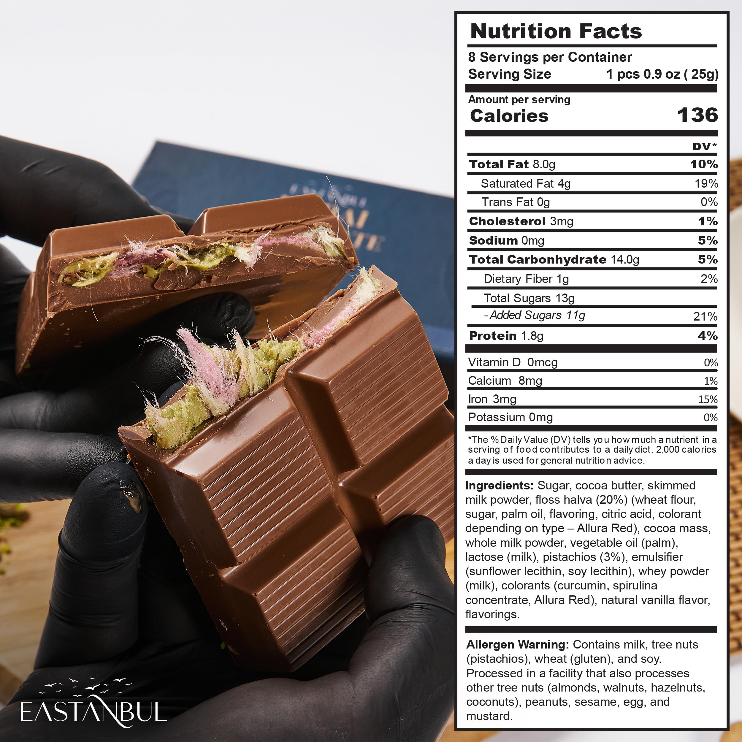 Eastanbul premium Belgian chocolate layers with pistachio filling and pismaniye detail, close-up.