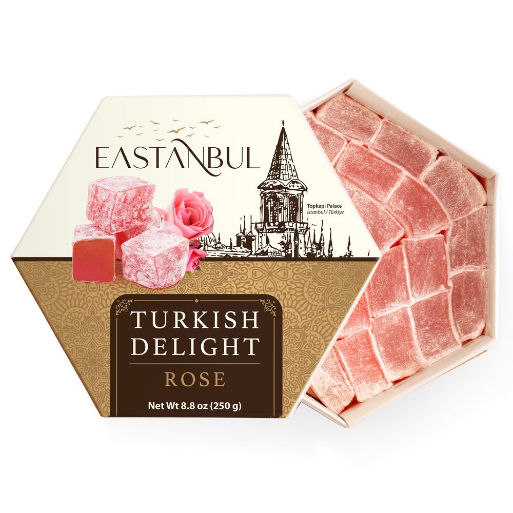 Eastanbul Rose Turkish Delight box, an elegant gift presentation suitable for celebrations.