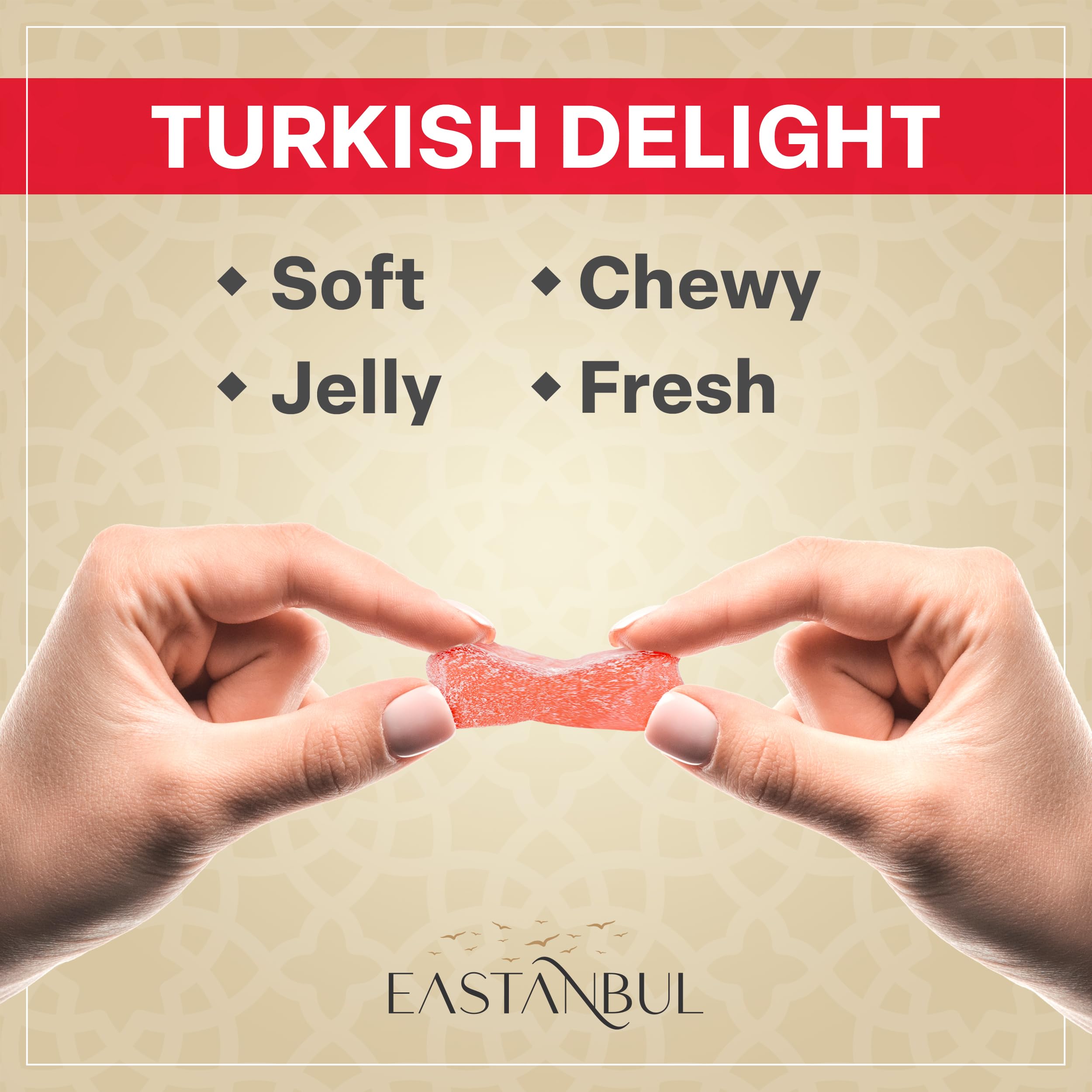 Vegan and clean ingredients highlighted on Eastanbul Turkish Delight box.