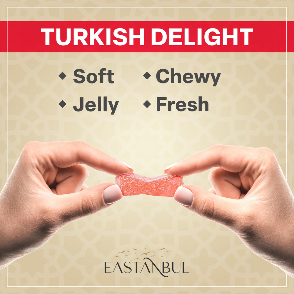 Vegan and clean ingredients highlighted on Eastanbul Turkish Delight box.