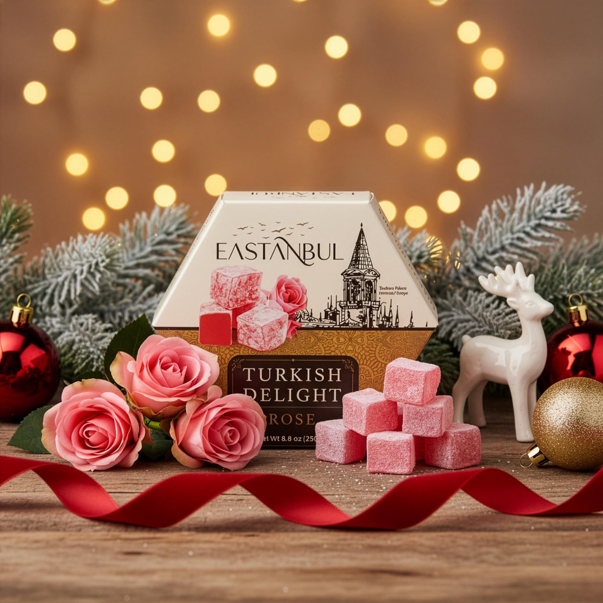8.8oz packaging and labeling of Eastanbul Rose Turkish Delight.