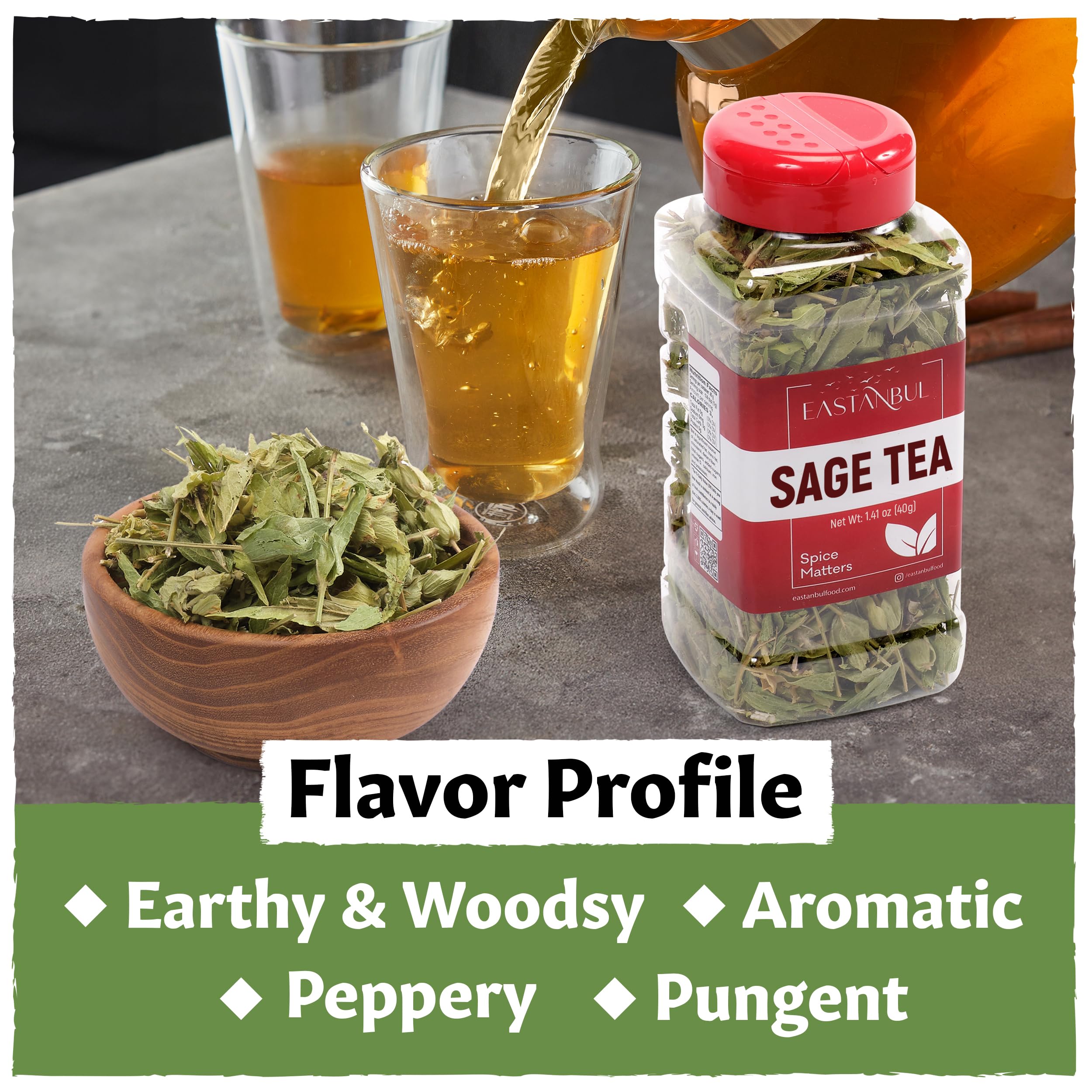 Eastanbul Sage Leaves tea in cup releases earthy aroma with minty notes.