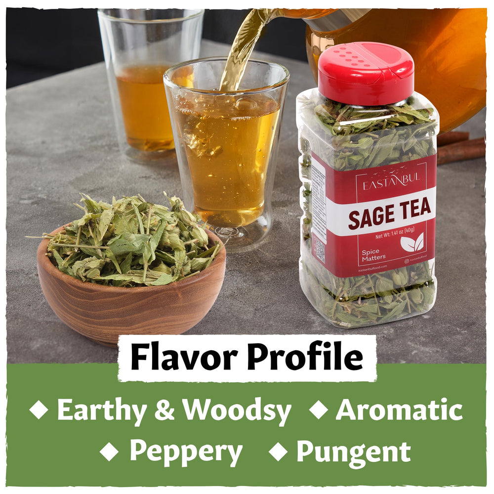 Eastanbul Sage Leaves tea in cup releases earthy aroma with minty notes.