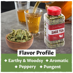 Eastanbul Sage Leaves tea in cup releases earthy aroma with minty notes.