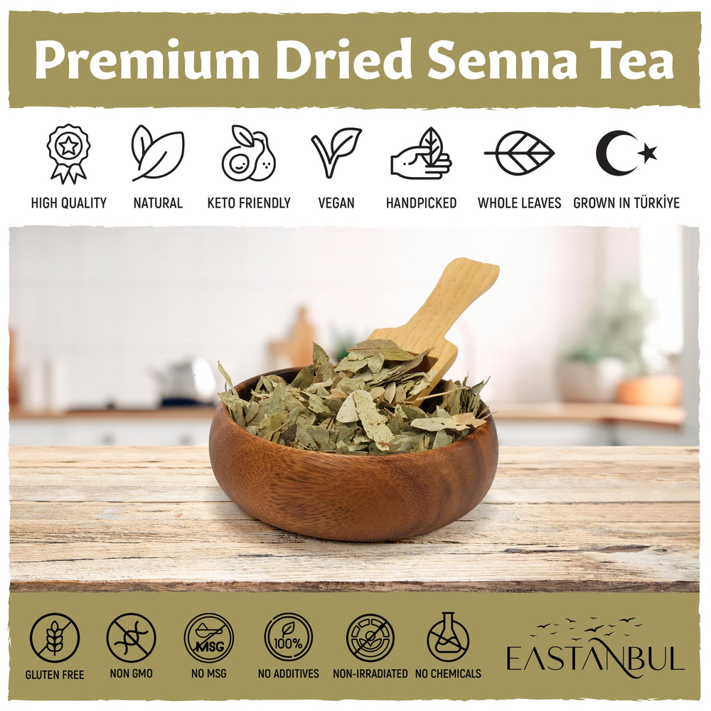 Eastanbul Senna Tea leaves on counter, hinting Mediterranean herb profile