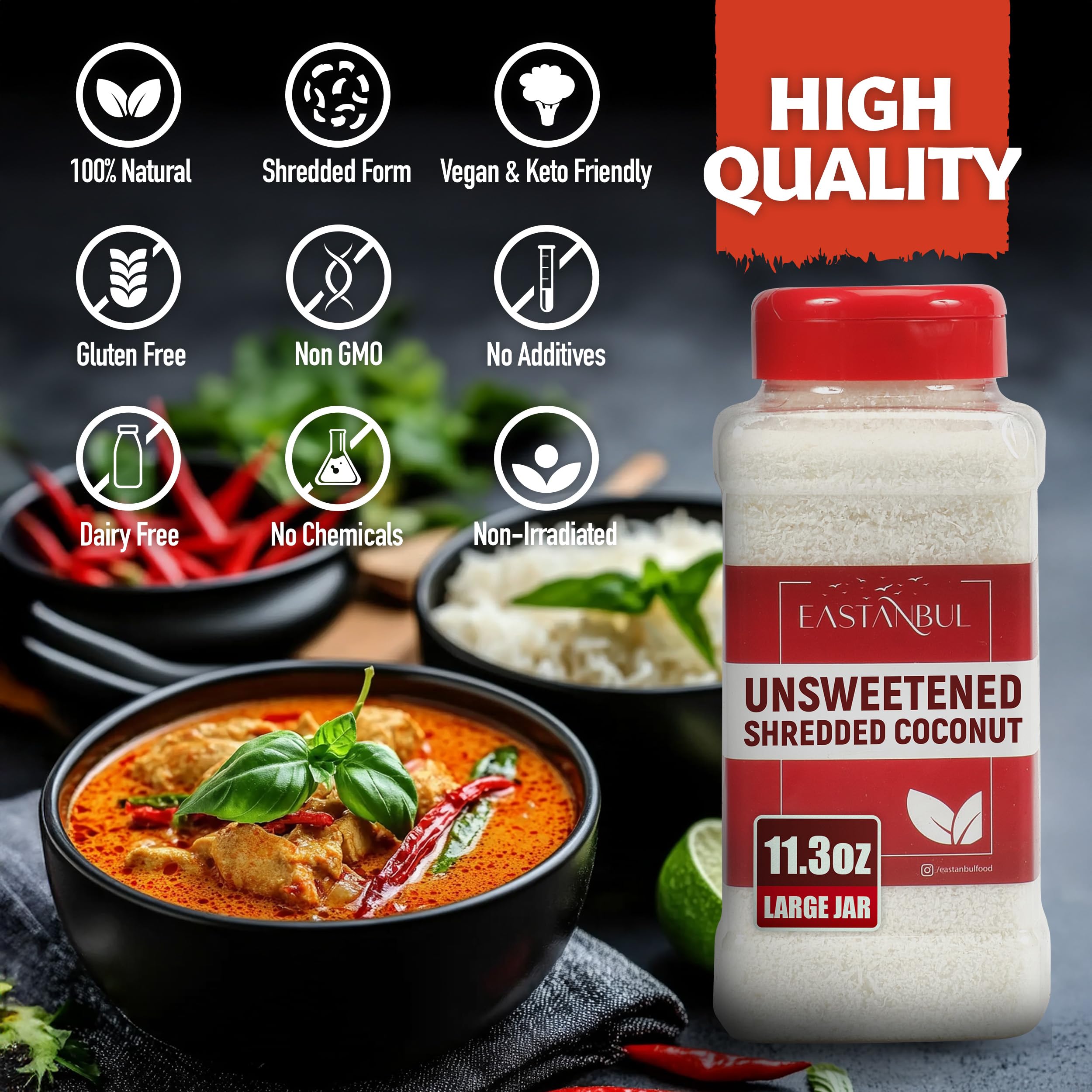 Ingredients label on Eastanbul coconut package communicates vegan, gluten-free, no sugar added