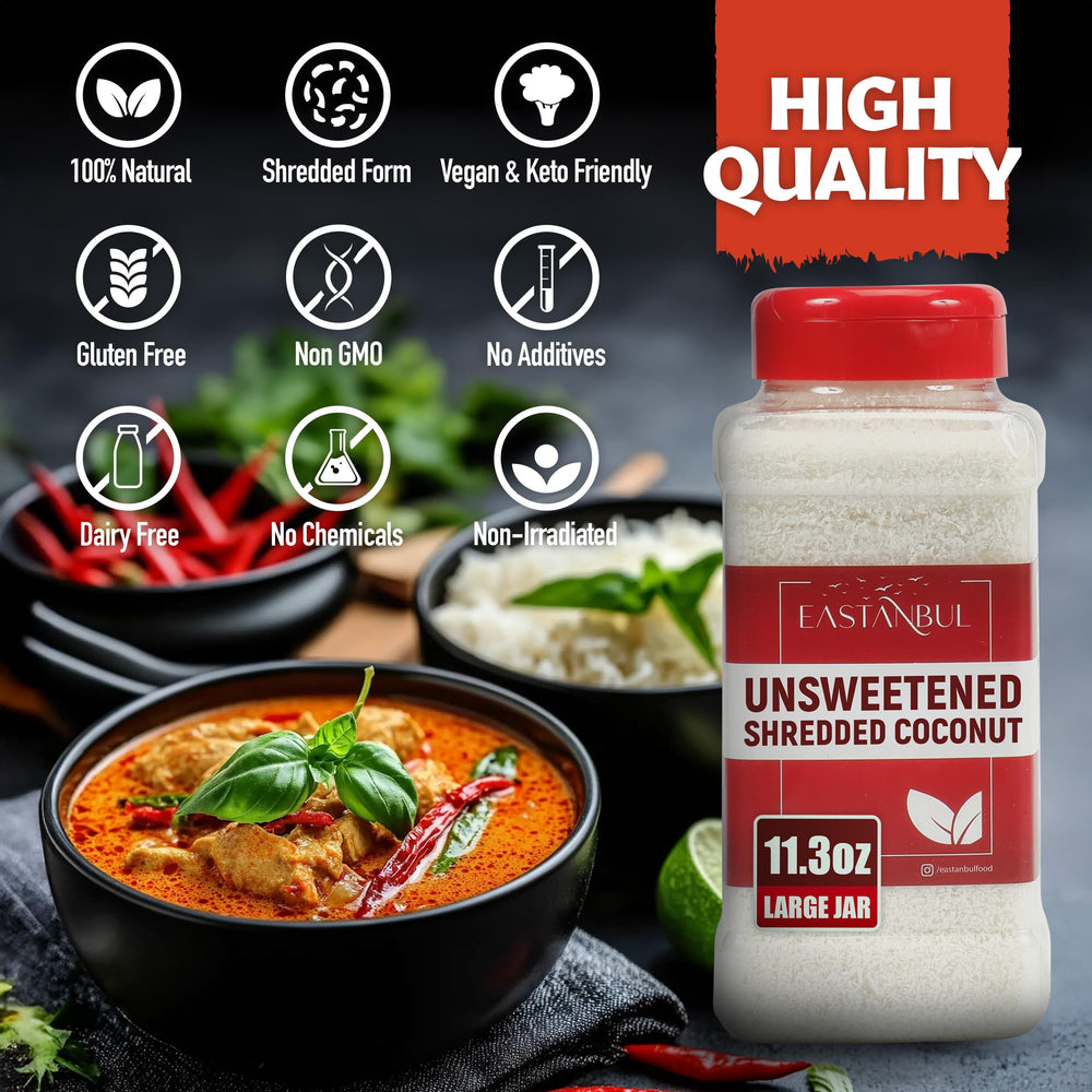 Ingredients label on Eastanbul coconut package communicates vegan, gluten-free, no sugar added