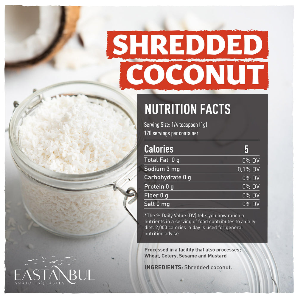 Eastanbul shredded coconut close-up shows delicate, crisp flakes.