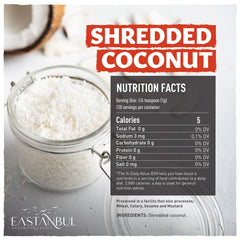 Eastanbul shredded coconut close-up shows delicate, crisp flakes.