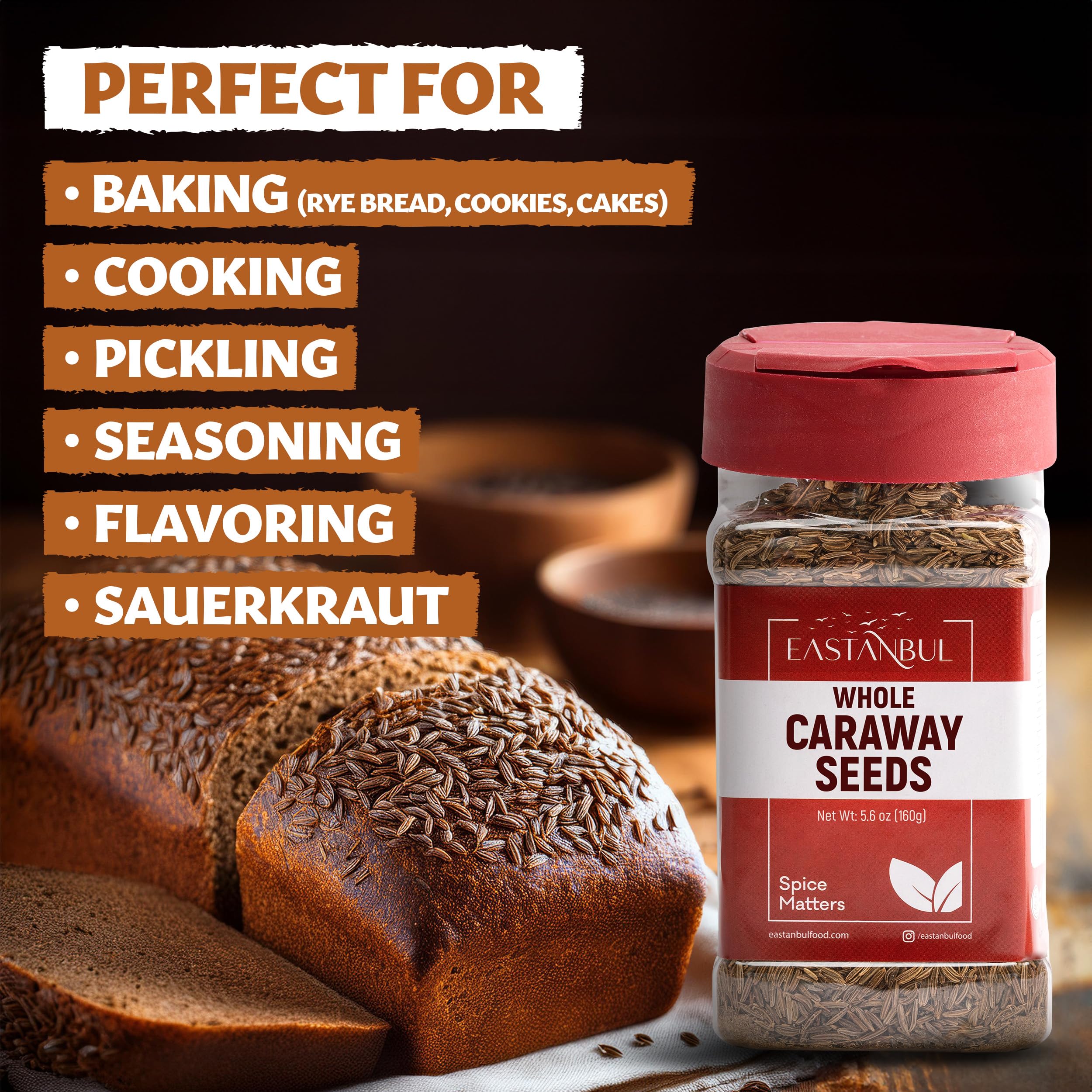 Eastanbul spice rack display with caraway seeds adding depth to pantry staples.