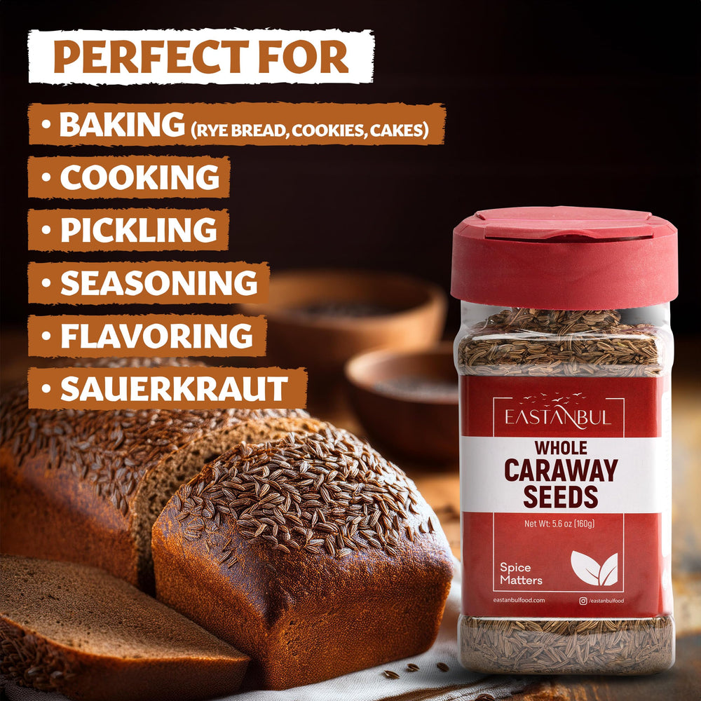 Eastanbul spice rack display with caraway seeds adding depth to pantry staples.