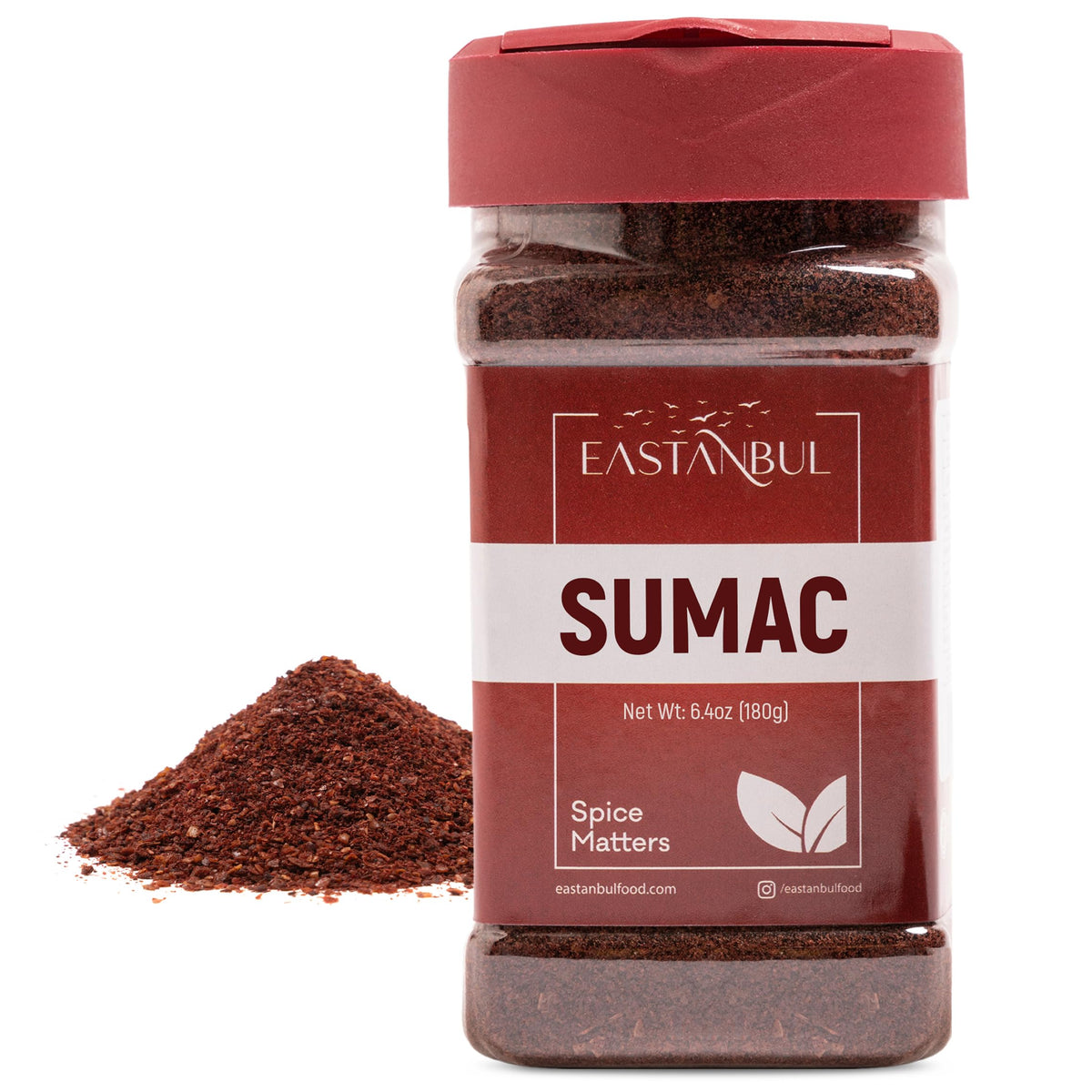 Eastanbul Sumac ground jar on shelf, adds vibrant citrus notes to meals.