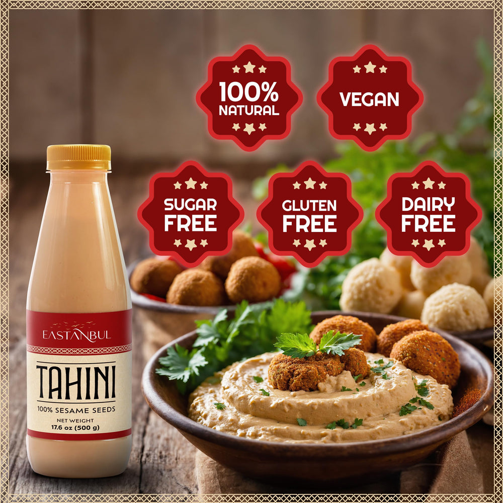 Eastanbul Tahini closeup of sesame seeds highlights pure ingredients.