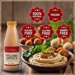 Eastanbul Tahini closeup of sesame seeds highlights pure ingredients.