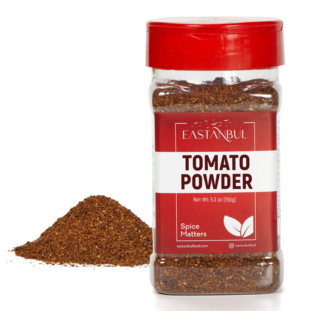 Eastanbul tomato powder bottle on the counter adds rich, versatile tomato flavor.