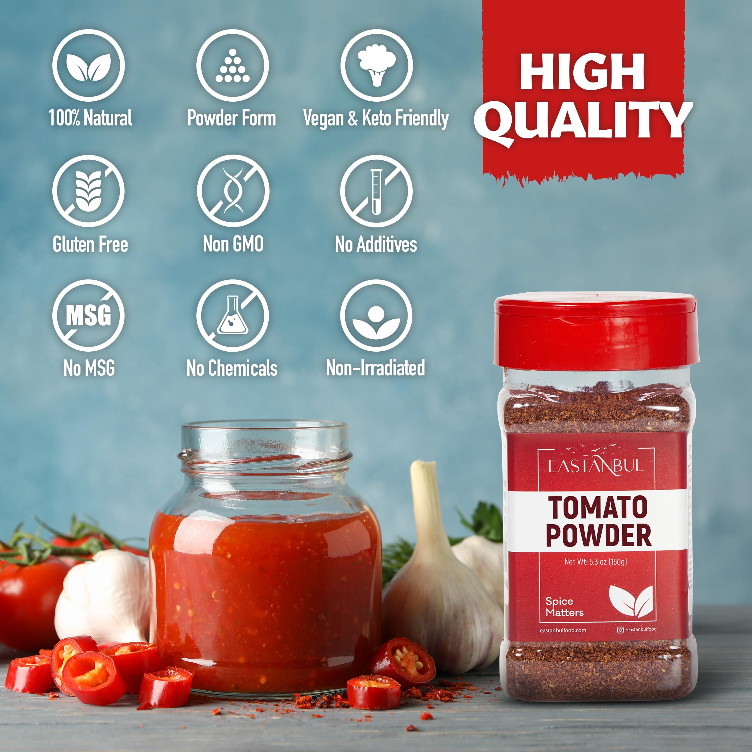 Eastanbul Tomato Powder label showcases gluten-free and sodium-free seasoning option.