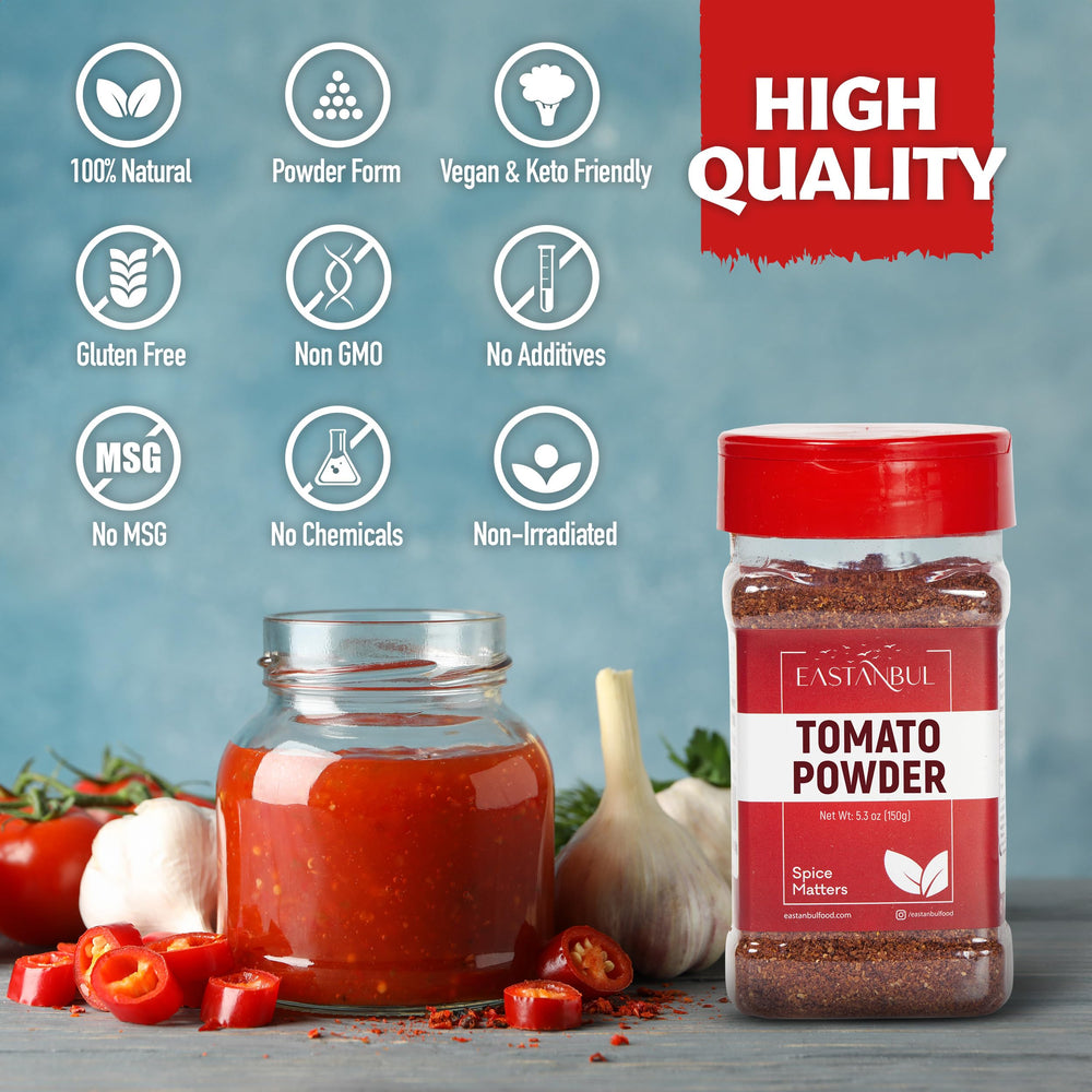 Eastanbul Tomato Powder label showcases gluten-free and sodium-free seasoning option.