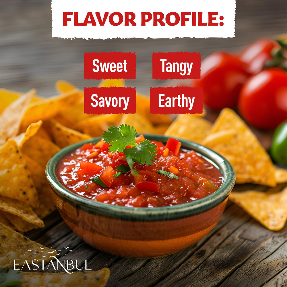 Eastanbul Tomato Powder packaging emphasizes convenient, portable seasoning in a sealed bottle.