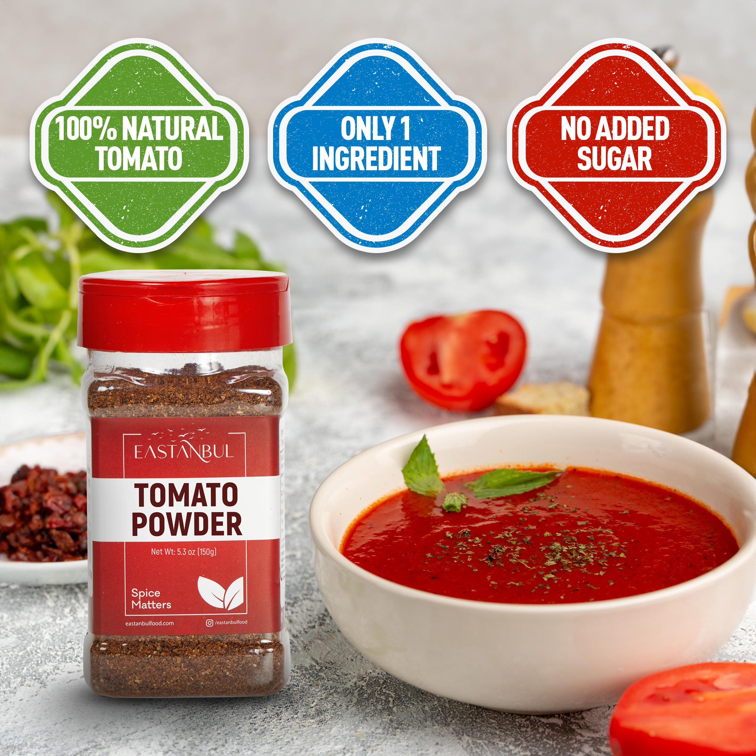 Eastanbul Tomato Powder shaker-top ready for dusting on pizzas and pastas.