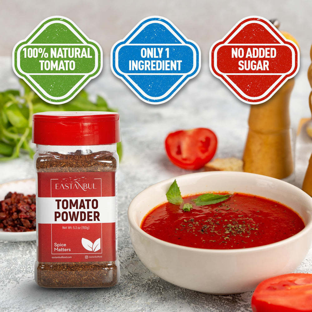 Eastanbul Tomato Powder shaker-top ready for dusting on pizzas and pastas.