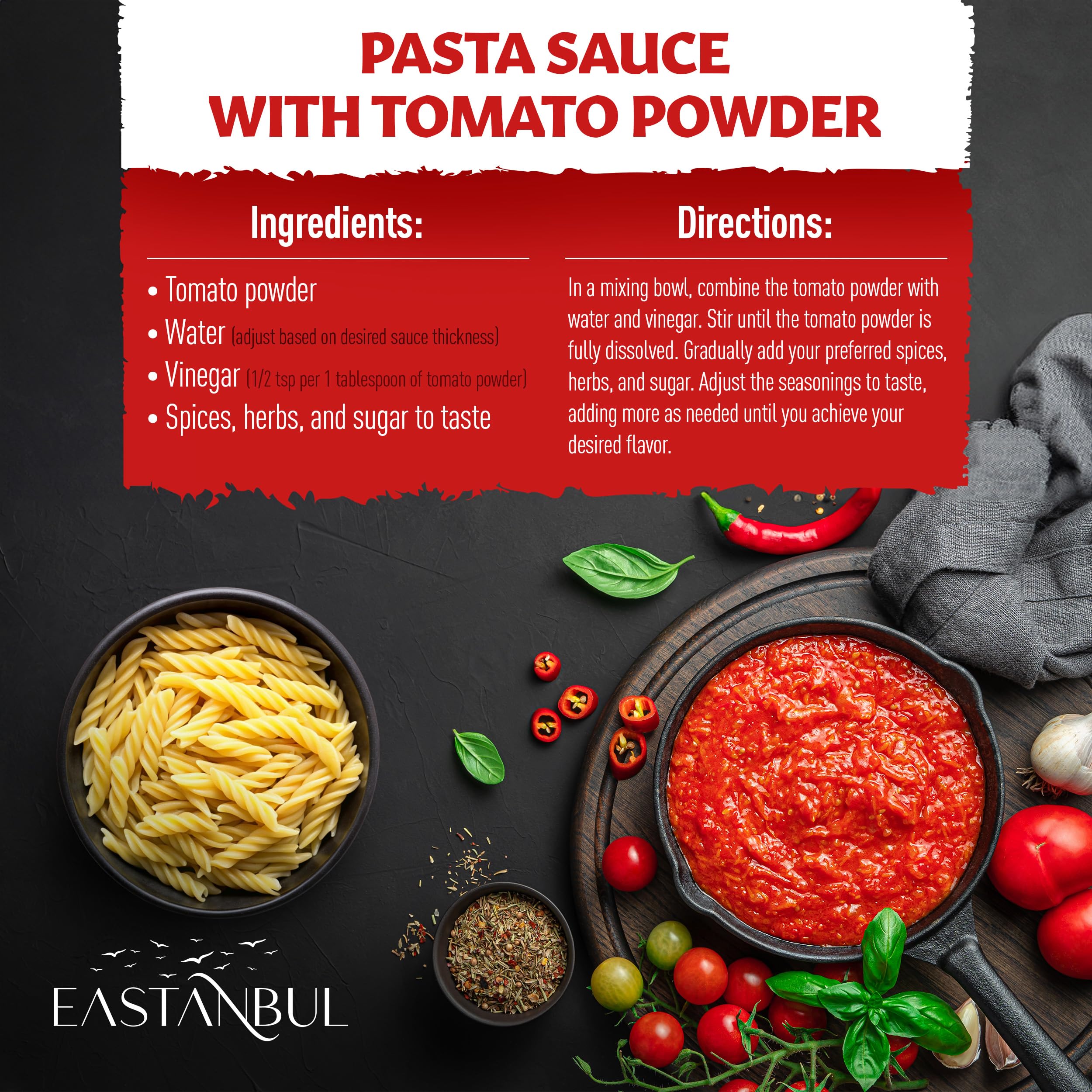 Eastanbul Tomato Powder on a wooden board with herbs for Mediterranean flavor.