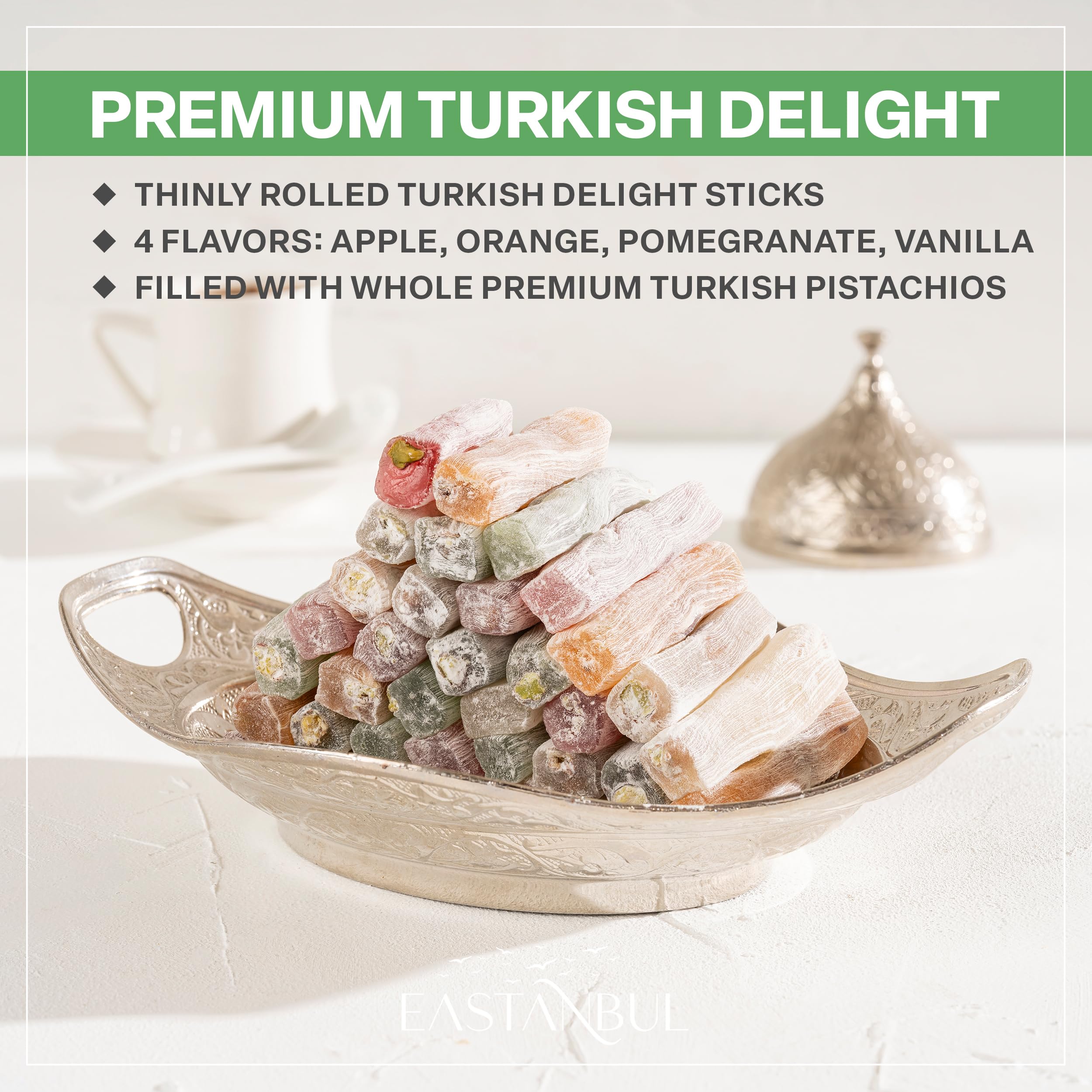 Eastanbul Wick Lokum pistachio vanilla — delicate sweetness, gourmet vegan snack option.