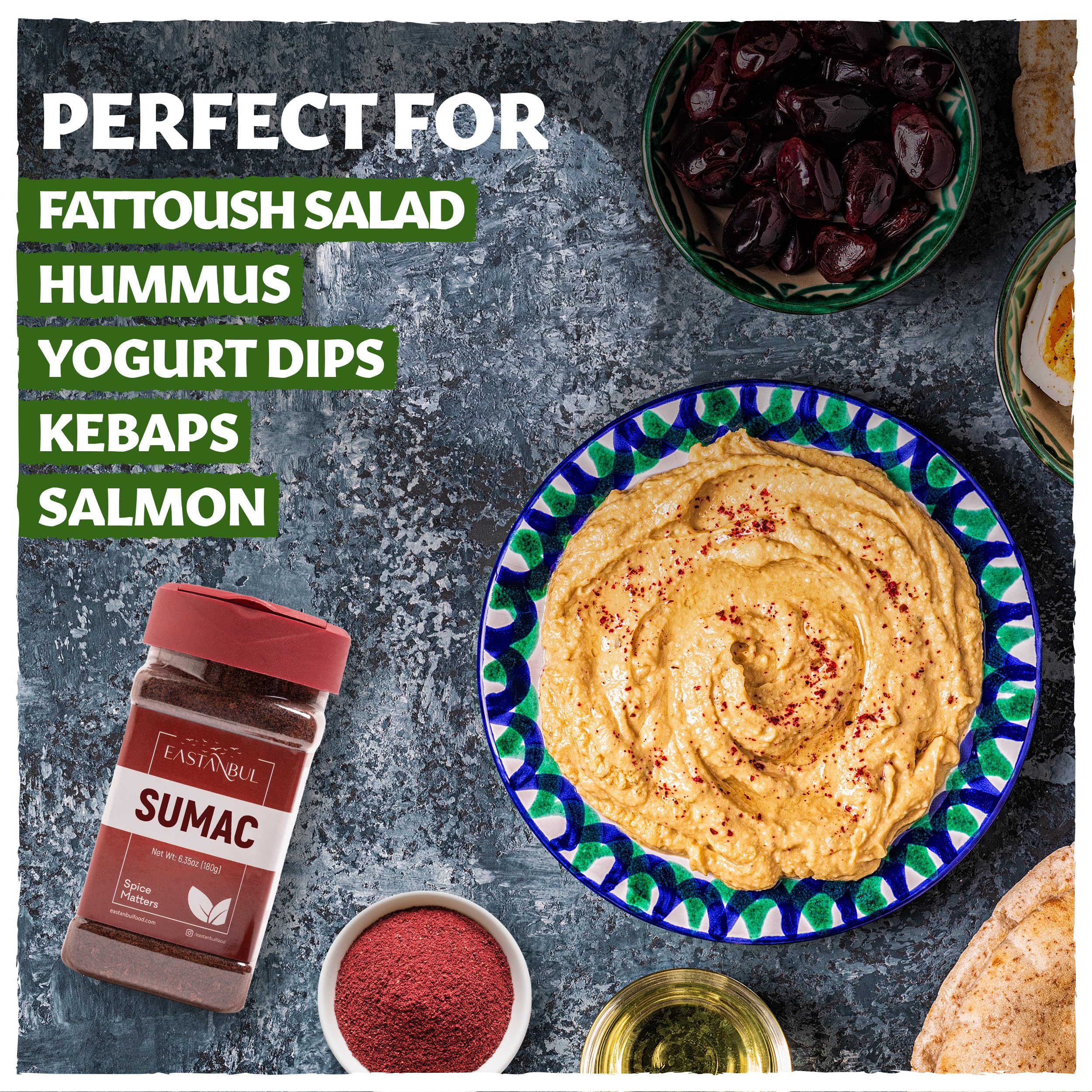 Eastanbul zaatar spice blend close-up with green herbs for traditional manakish and hummus.