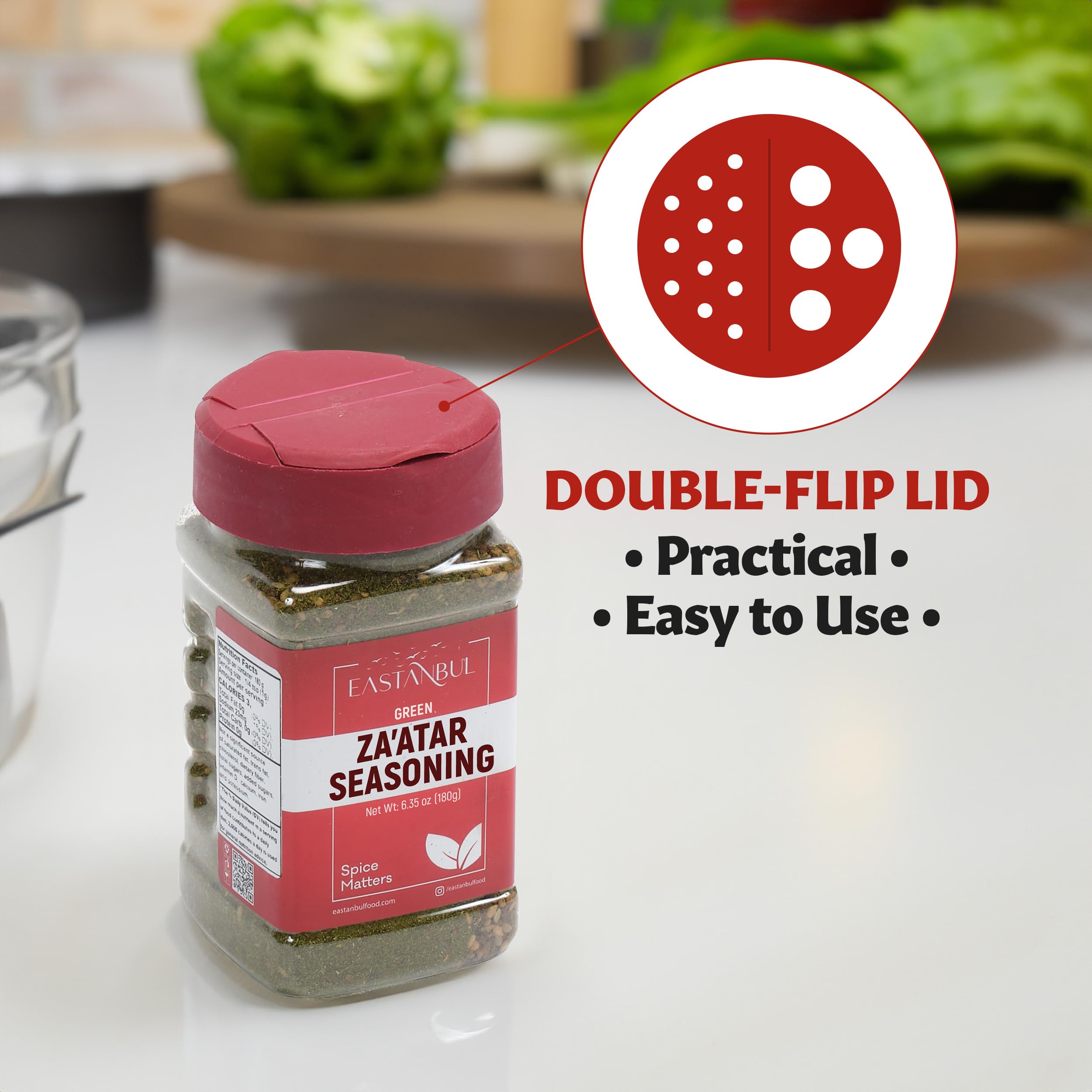 Eastanbul Zaatar Seasoning kitchen scene highlights versatile spice cabinet essential.