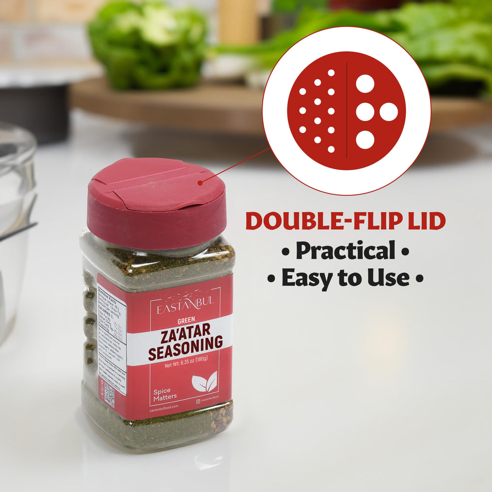 Eastanbul Zaatar Seasoning kitchen scene highlights versatile spice cabinet essential.