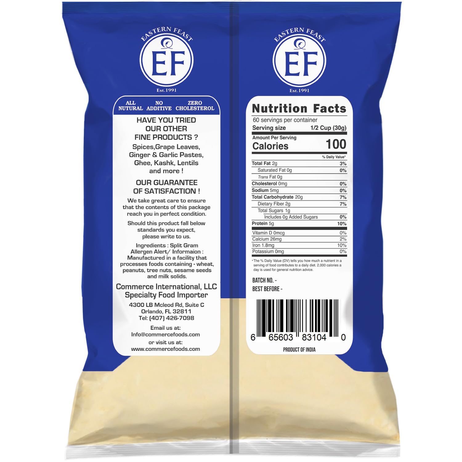 Eastern Feast Besan fine gram flour package highlights all-natural, non-GMO chickpea flour for gluten-free recipes