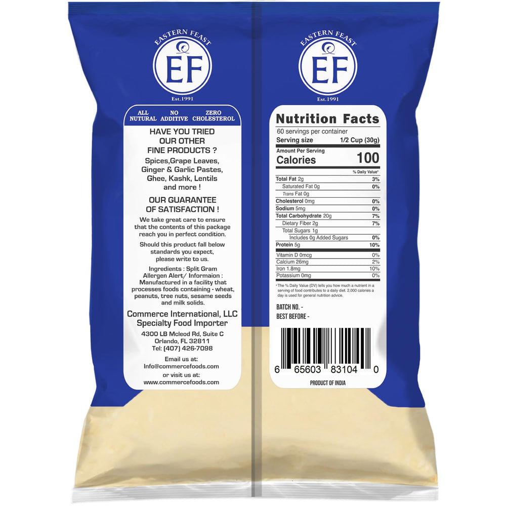 Eastern Feast Besan fine gram flour package highlights all-natural, non-GMO chickpea flour for gluten-free recipes