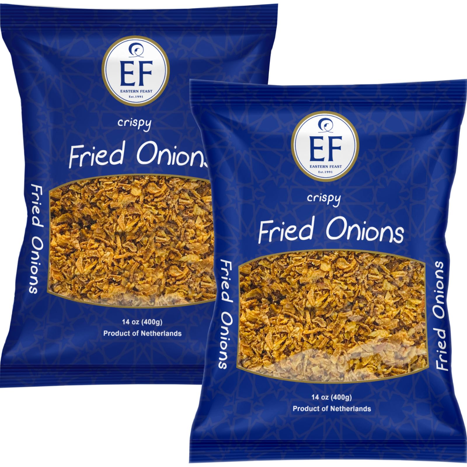 Eastern Feast crispy onions two-pack on kitchen counter, ideal for snacking