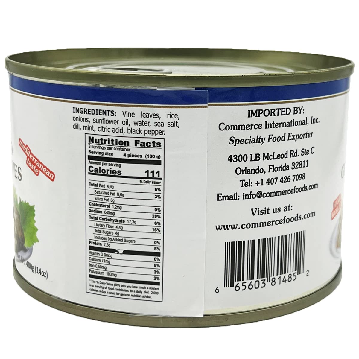 Eastern Feast stuffed grape leaves can closeup, vegan-friendly appetizer option.