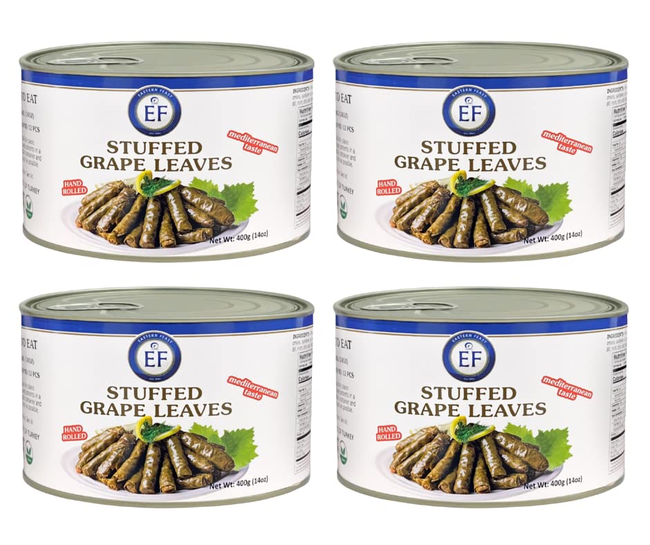 Eastern Feast stuffed grape leaves pack front, ready-to-eat Mediterranean snack.
