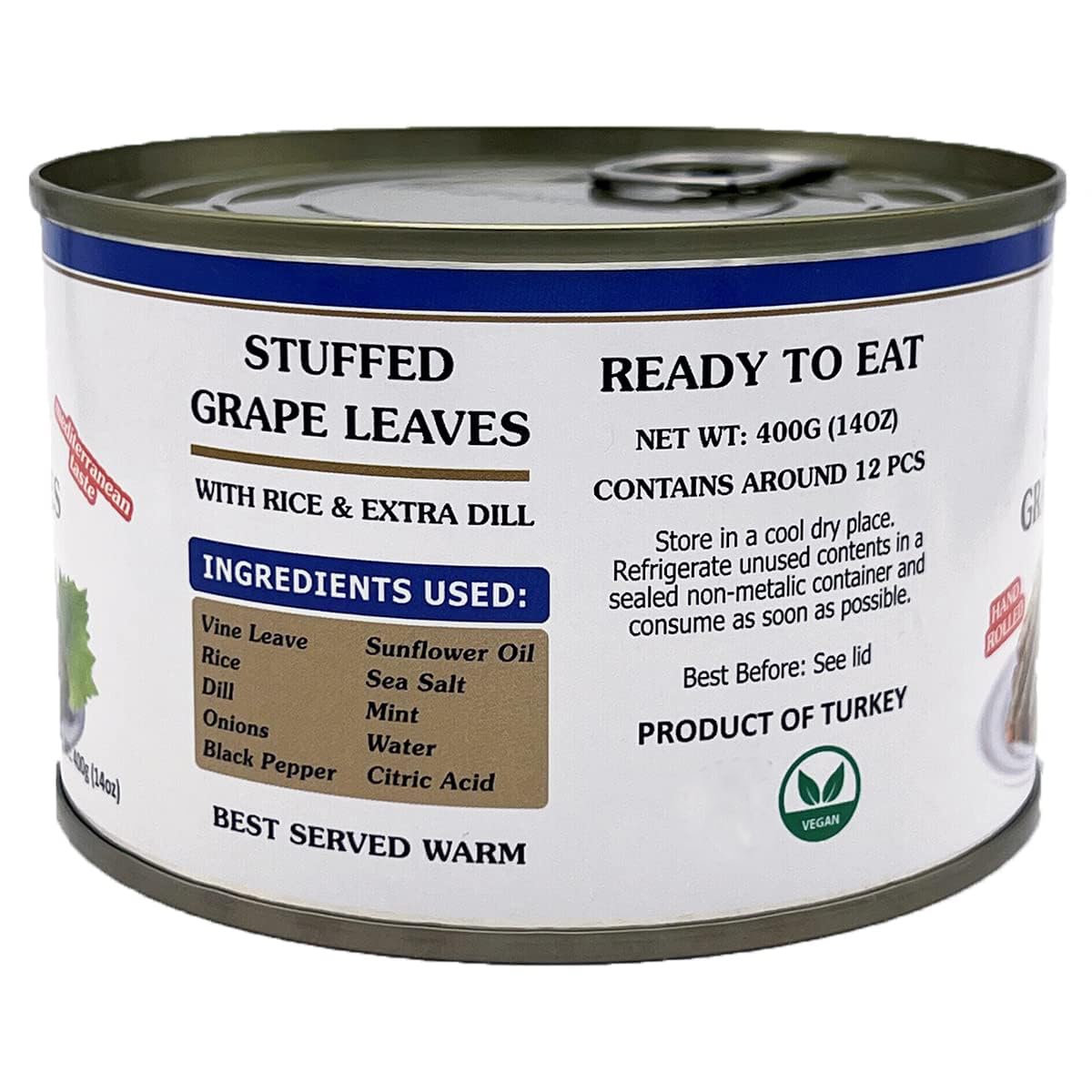 Eastern Feast stuffed grape leaves served on platter, convenient Mediterranean bite.