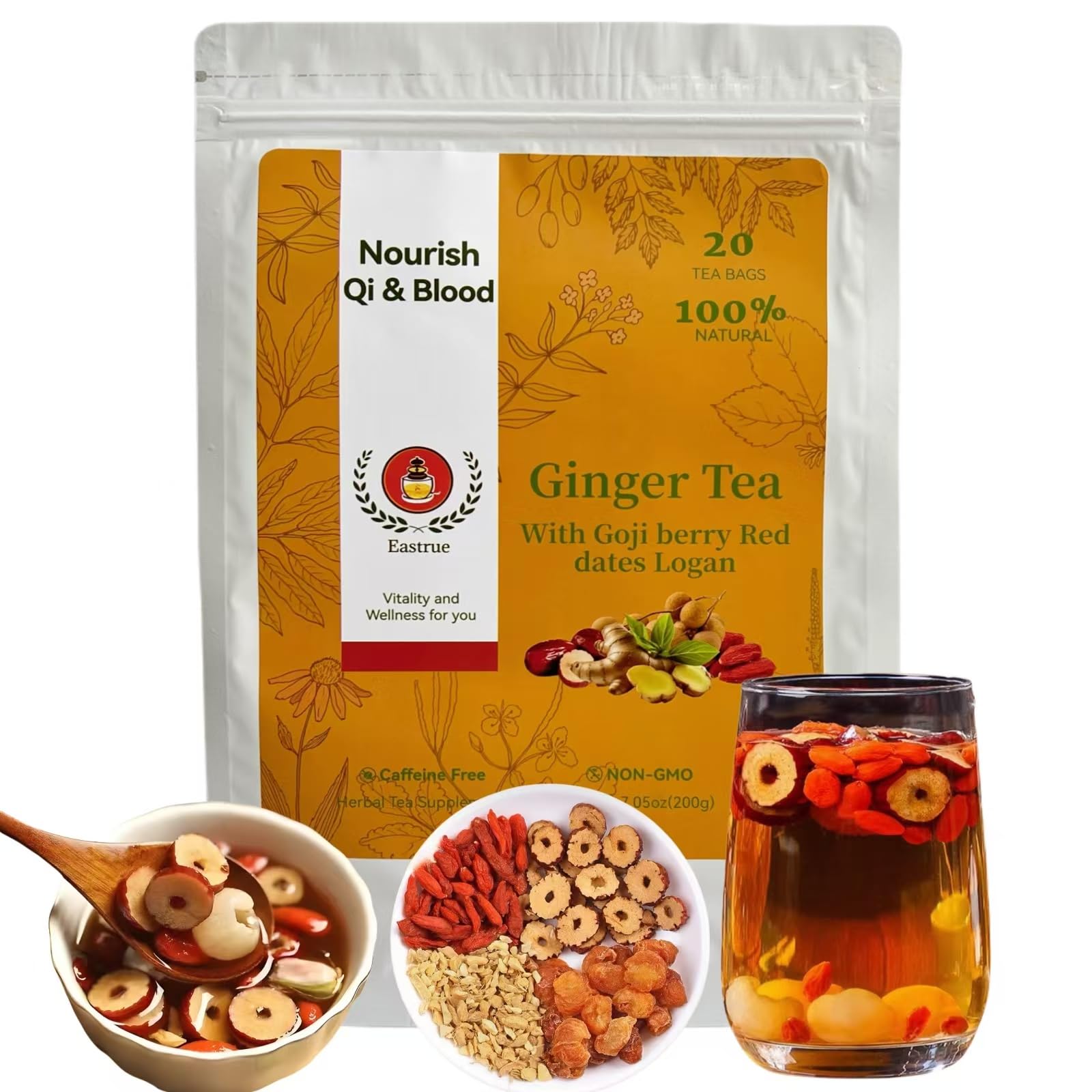 Eastrue Ginger Goji Tea cup steeping for a soothing, caffeine-free moment.