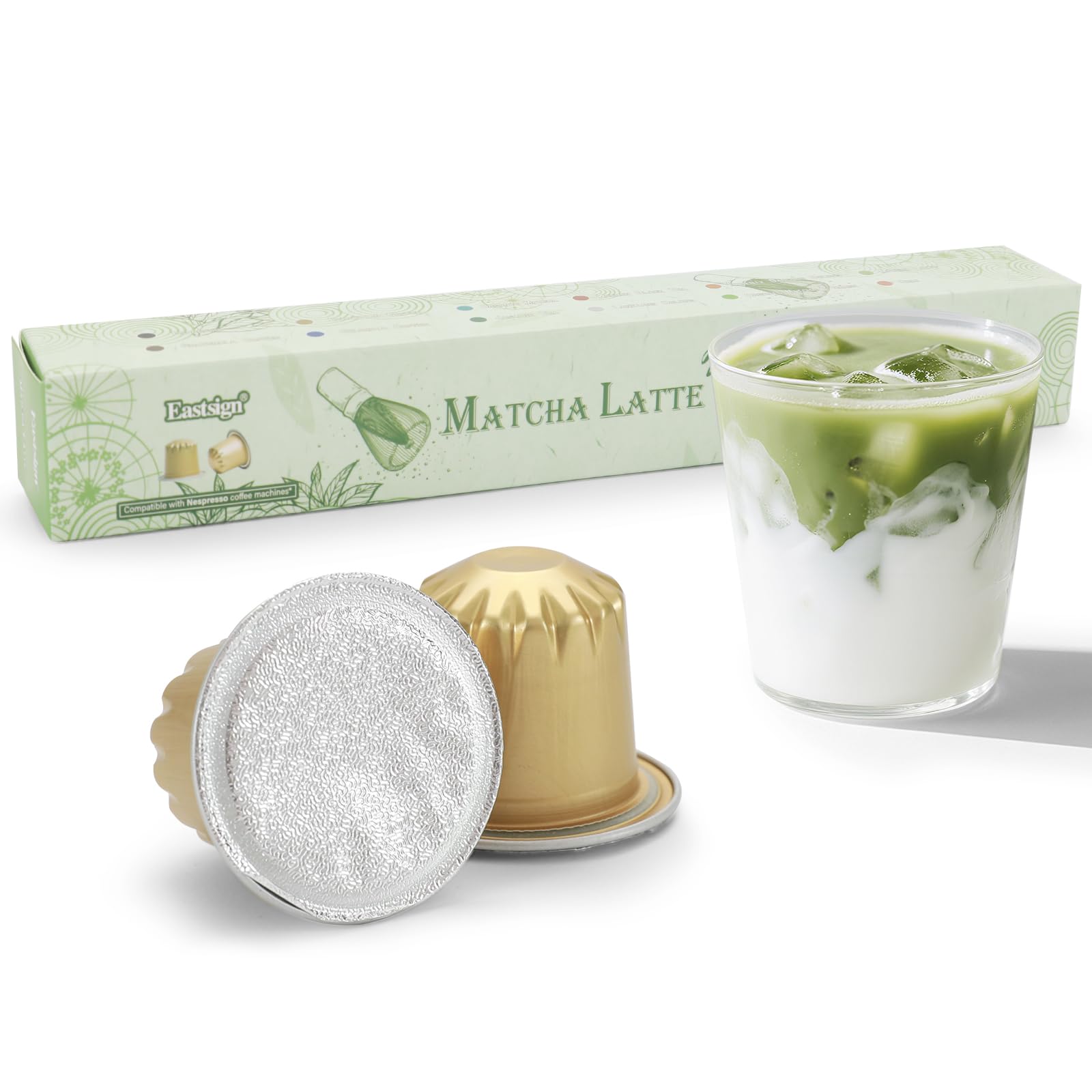 Eastsign Sweetened Matcha Latte Pod packaging close-up showing convenient single-serve solution.