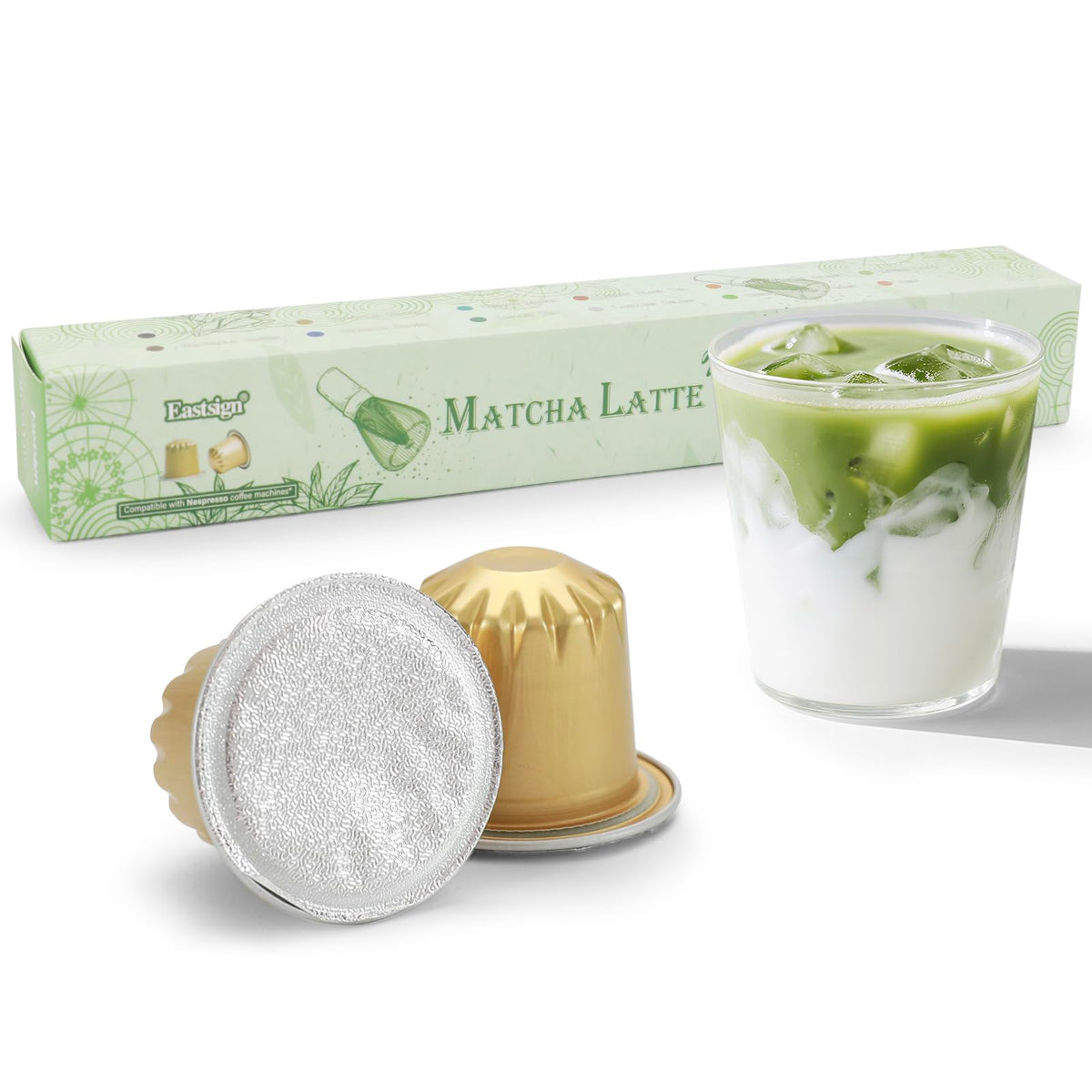 Eastsign Sweetened Matcha Latte Pod packaging close-up showing convenient single-serve solution.