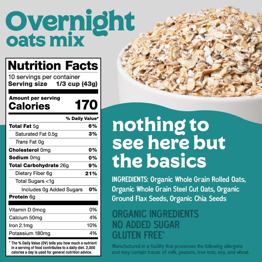 Easy Morning ingredients close-up highlights chia, flax, oats, and seeds.
