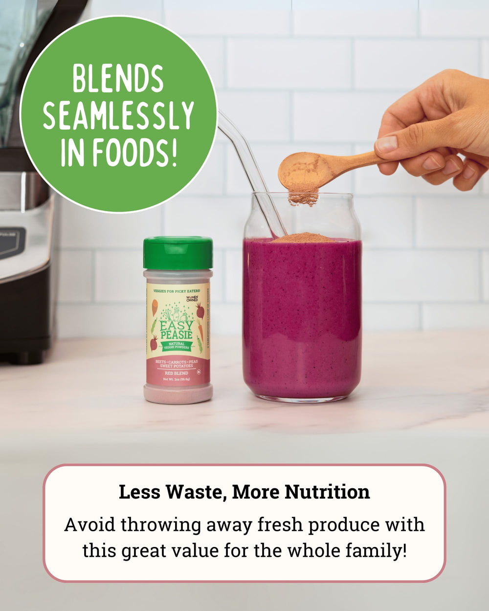 Close-up of Easy Peasie Red Powder with beets and carrots