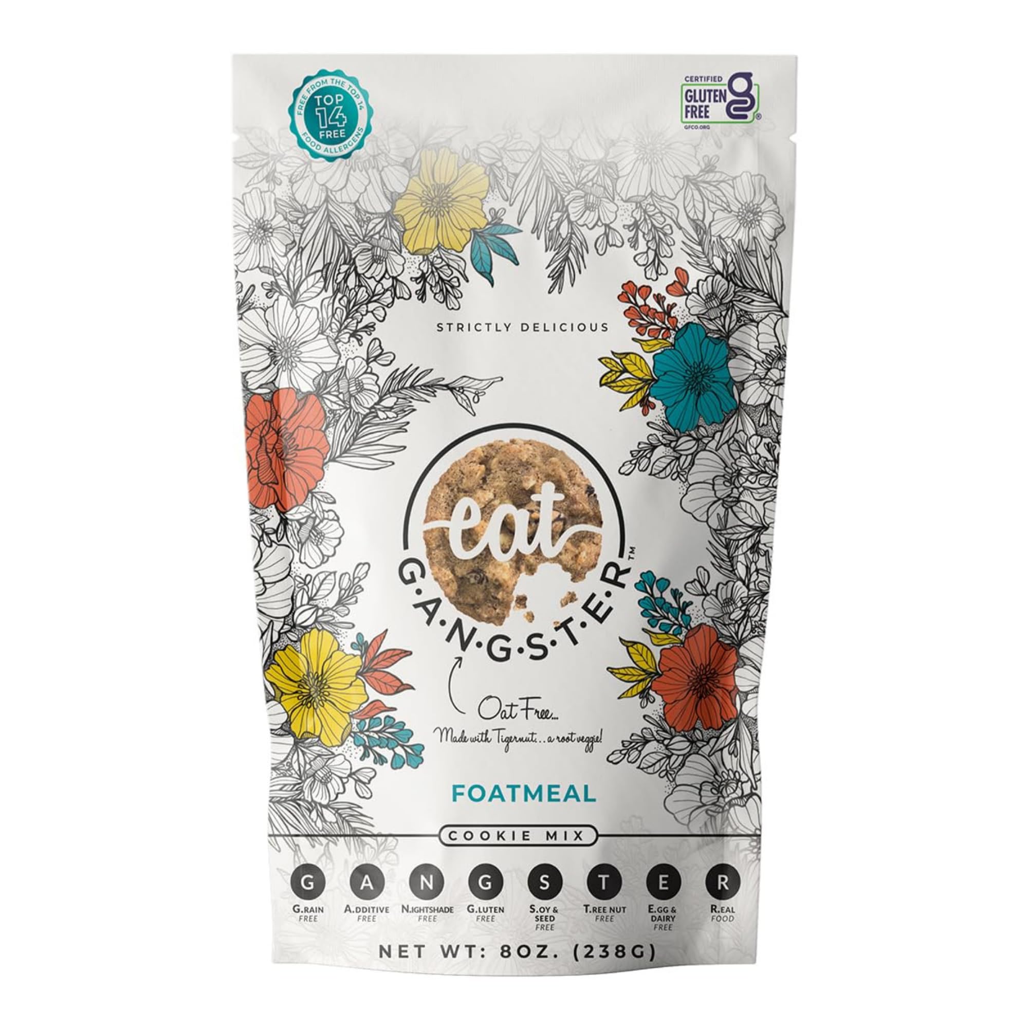 Eat G.A.N.G.S.T.E.R. Foatmeal Cookie Mix packaging highlights grain-free ingredients for paleo-friendly baking.