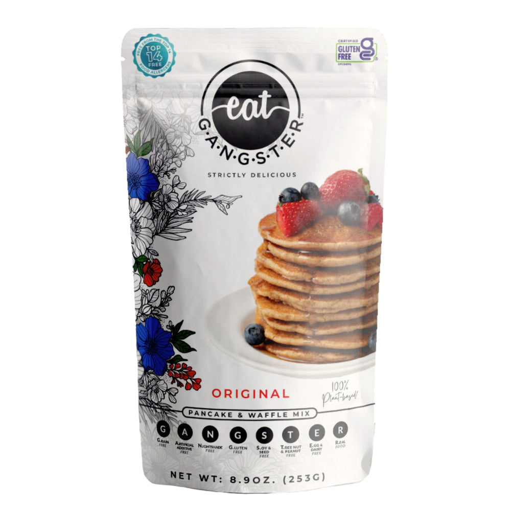 eat G.A.N.G.S.T.E.R. vegan pancake mix in a bowl for fluffy, allergy-friendly batter.