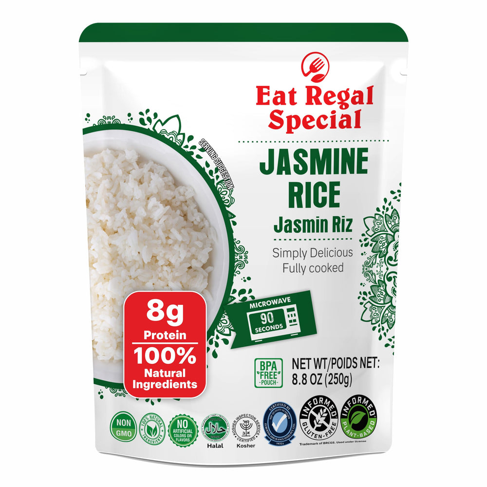 Eat Regal jasmine rice in a BPA-free pouch for quick meals.