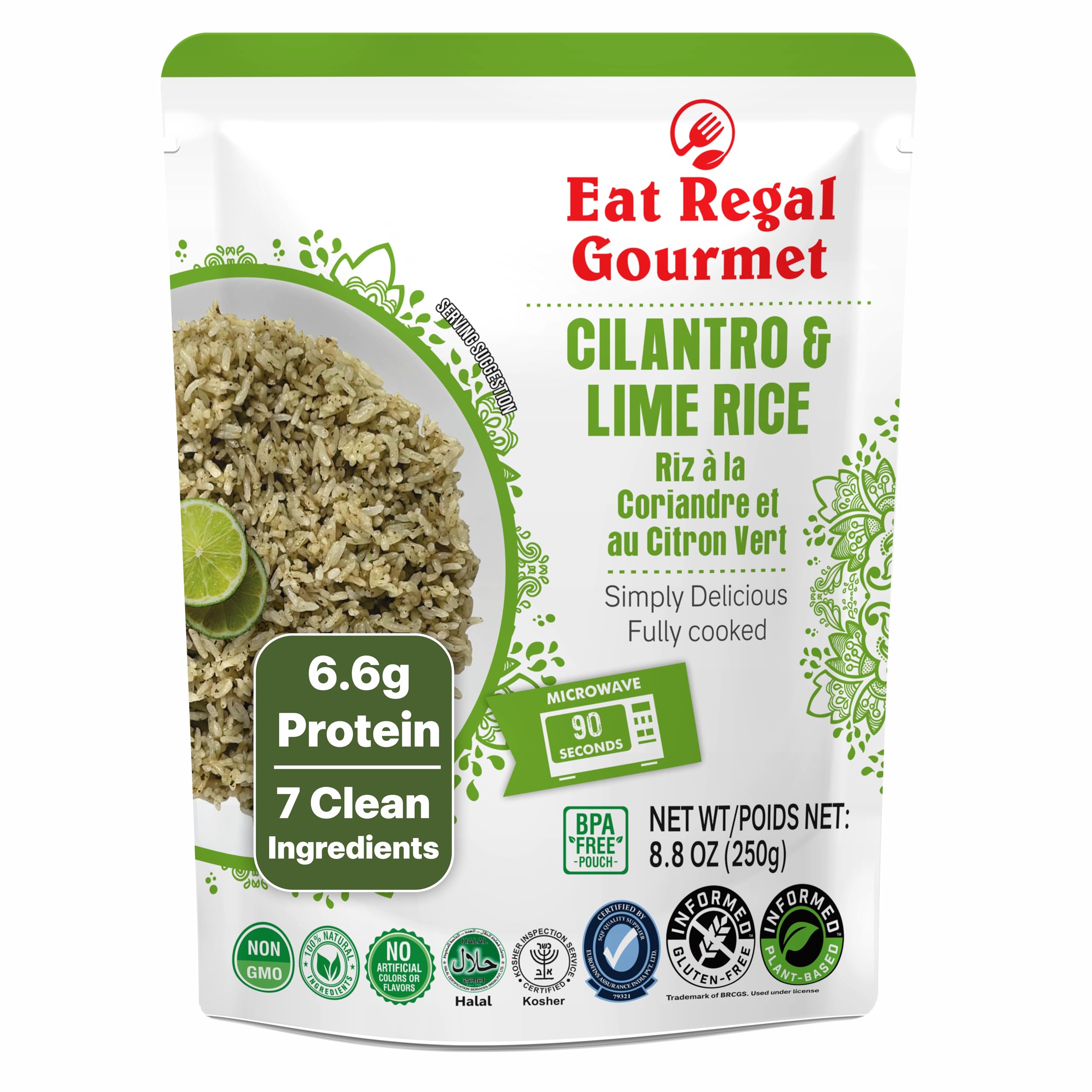 Eat Regal cilantro-lime rice pouch: fluffy texture ready in minutes for quick bowls.